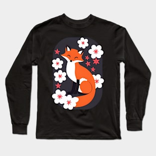 Fox Japanese Cherry Blossom Flower Vintage Long Sleeve T-Shirt